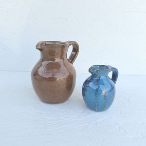 VINTAGE Ceramic Vases Blue & Brown Signed By Artist 1996 Set Of 2